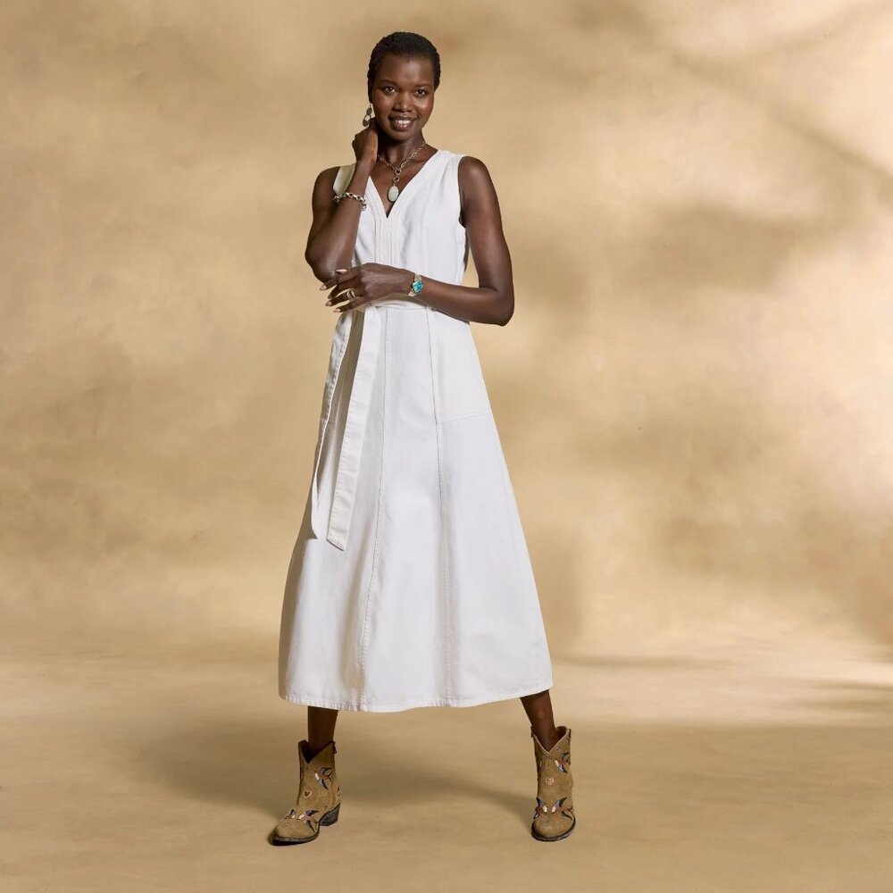 White Denim Midi Dress with Tie, Sz 14, Sundance Poppy V-Neck Denim Dress
